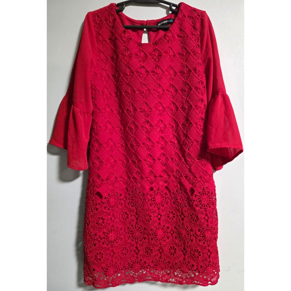 Sequin Hearts Girls Size 8 Red Lace Floral Shift Bell 3/4 Sleeve Keyhole
